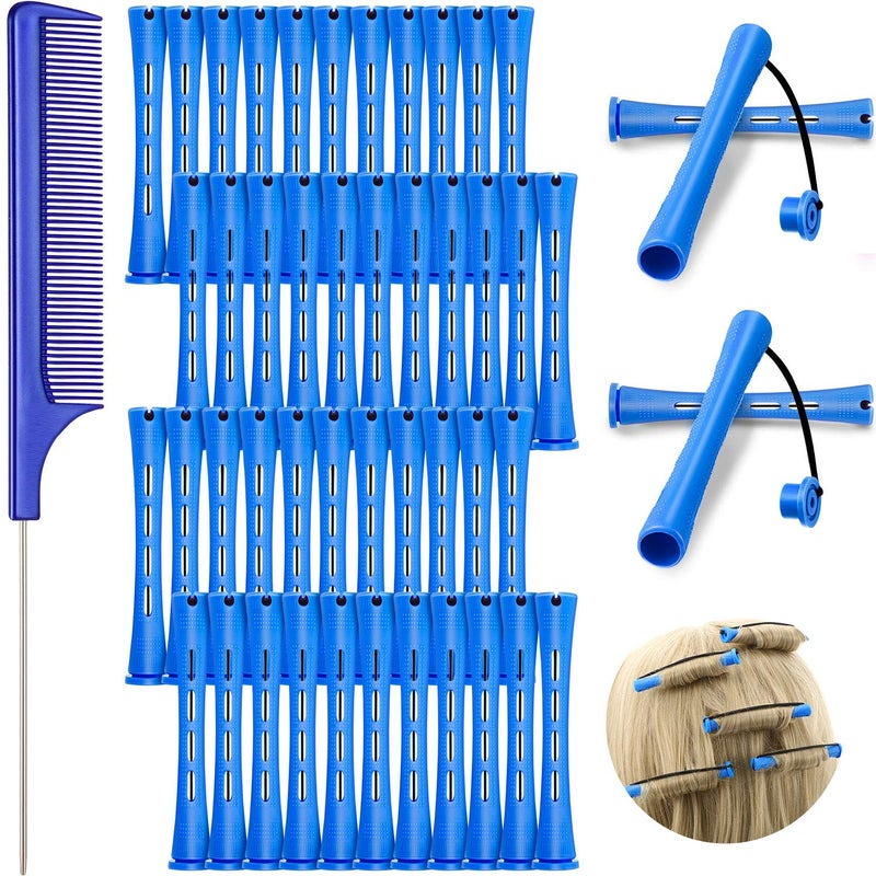 48 Pieces Cold Wave Plastic Curlers with Steel Pintail Rat Tail Comb for Hairdressing and Styling Blue 035 Inch 09 cm