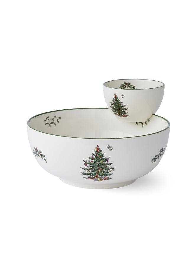 Christmas Tree Tiered Chip and Dip Serving Set - Festive 2-Piece Set for Holiday Entertaining and Serving Snacks - Iconic Christmas Tree Motif - Porcelain - Dishwasher/Microwave/Freezer Safe
