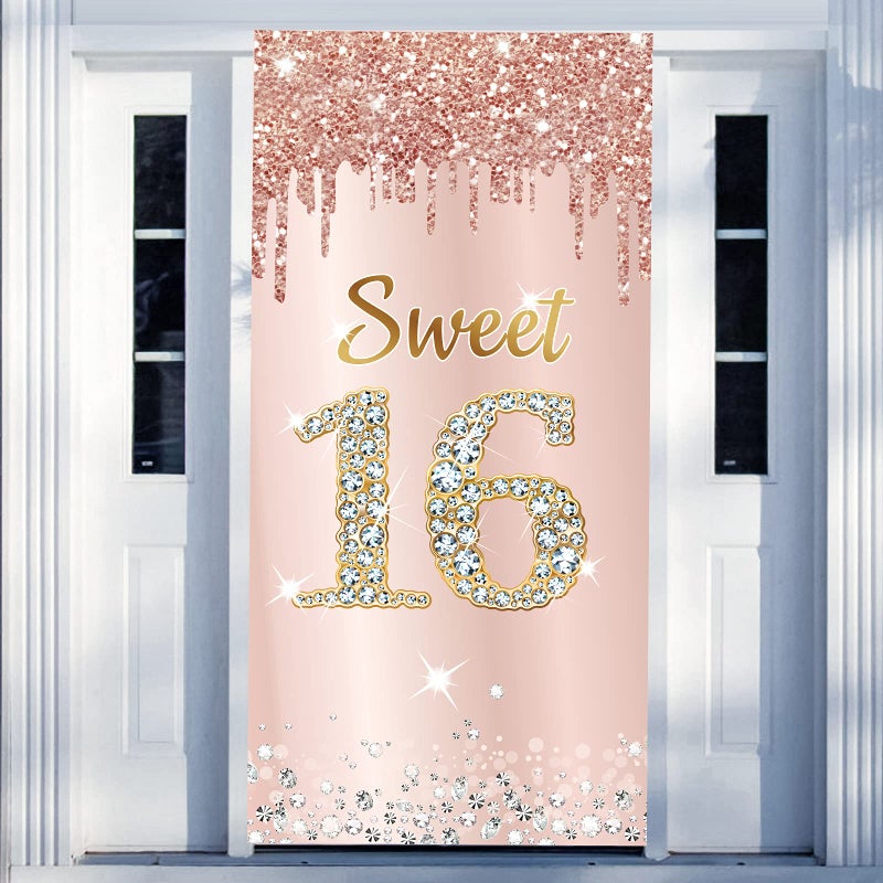 Excelloon Sweet 16 Birthday Door Banner Backdrop Decorations for Girls, Pink Rose Gold Happy 16th Birthday Party Door Cover Sign Supplies, Sixteen Year Old Birthday Poster Photo Booth Props Decor - Image 1