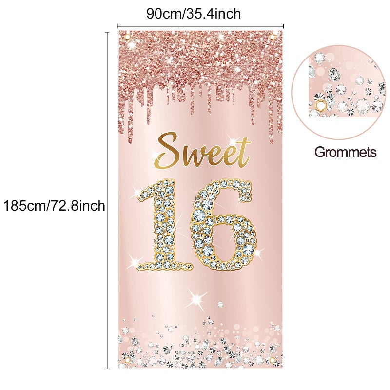 Excelloon Sweet 16 Birthday Door Banner Backdrop Decorations for Girls, Pink Rose Gold Happy 16th Birthday Party Door Cover Sign Supplies, Sixteen Year Old Birthday Poster Photo Booth Props Decor - Image 2