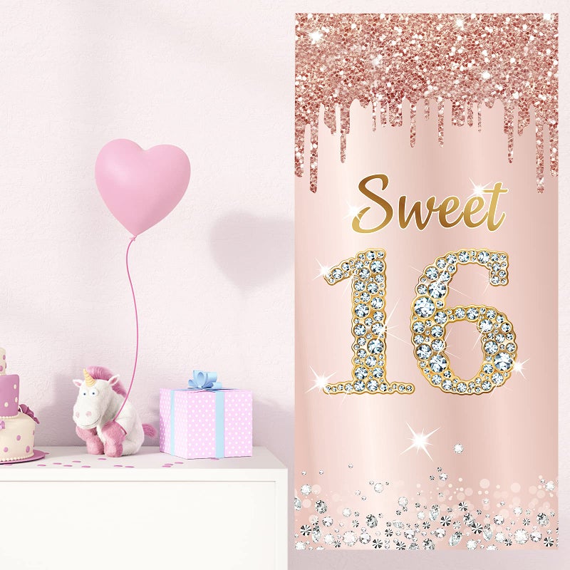 Excelloon Sweet 16 Birthday Door Banner Backdrop Decorations for Girls, Pink Rose Gold Happy 16th Birthday Party Door Cover Sign Supplies, Sixteen Year Old Birthday Poster Photo Booth Props Decor - Image 4