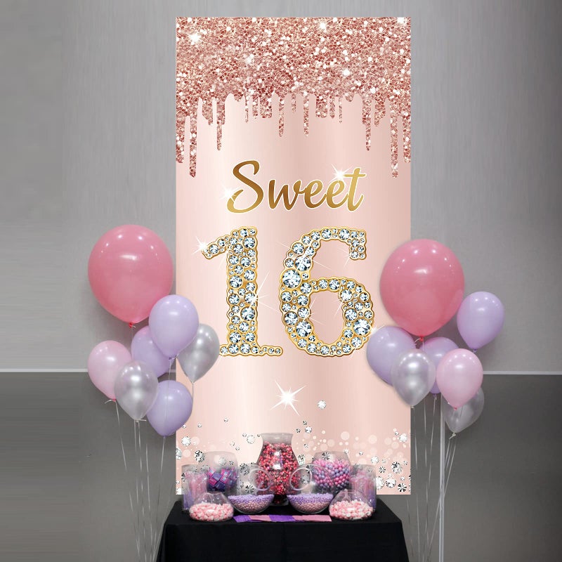 Excelloon Sweet 16 Birthday Door Banner Backdrop Decorations for Girls, Pink Rose Gold Happy 16th Birthday Party Door Cover Sign Supplies, Sixteen Year Old Birthday Poster Photo Booth Props Decor - Image 5