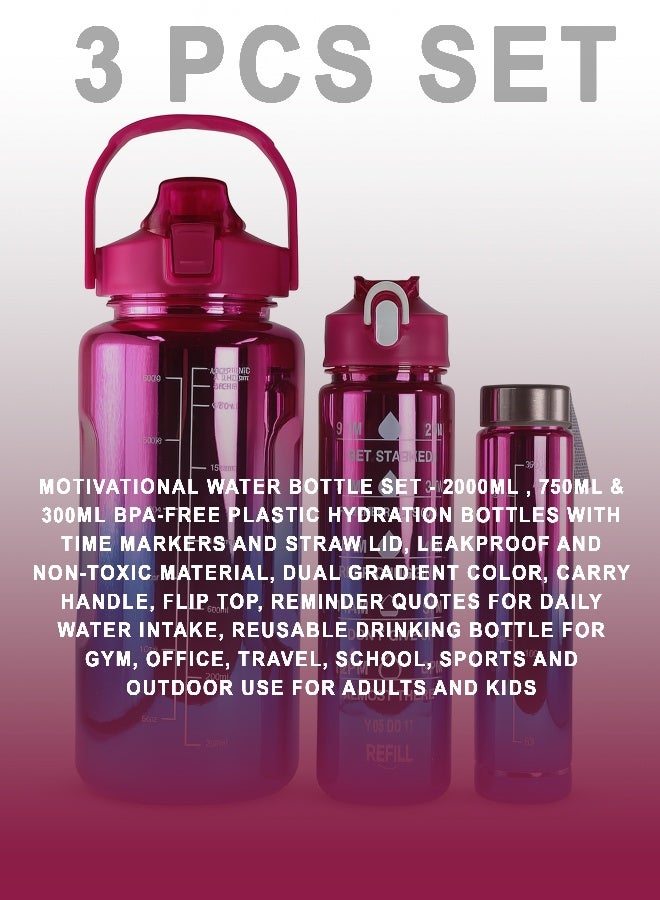توشيونيكس مجموعة زجاجات مياه تحفيزية - زجاجات ترطيب بلاستيكية خالية من مادة BPA بسعة 2000 مل و750 مل و300 مل مع علامات زمنية وغطاء ماصة، مصنوعة من مادة مانعة للتسرب وغير سامة، بلونين متدرجين، ومقبض حمل، وغطاء قلاب، وعبارات تذكيرية بجرعة الماء اليومية، وزجاجة شرب قابلة لإعادة الاستخدام للصالة الرياضية والمكتب والسفر والمدرسة والرياضة والاستخدام الخارجي للبالغين والأطفال. - Image 2