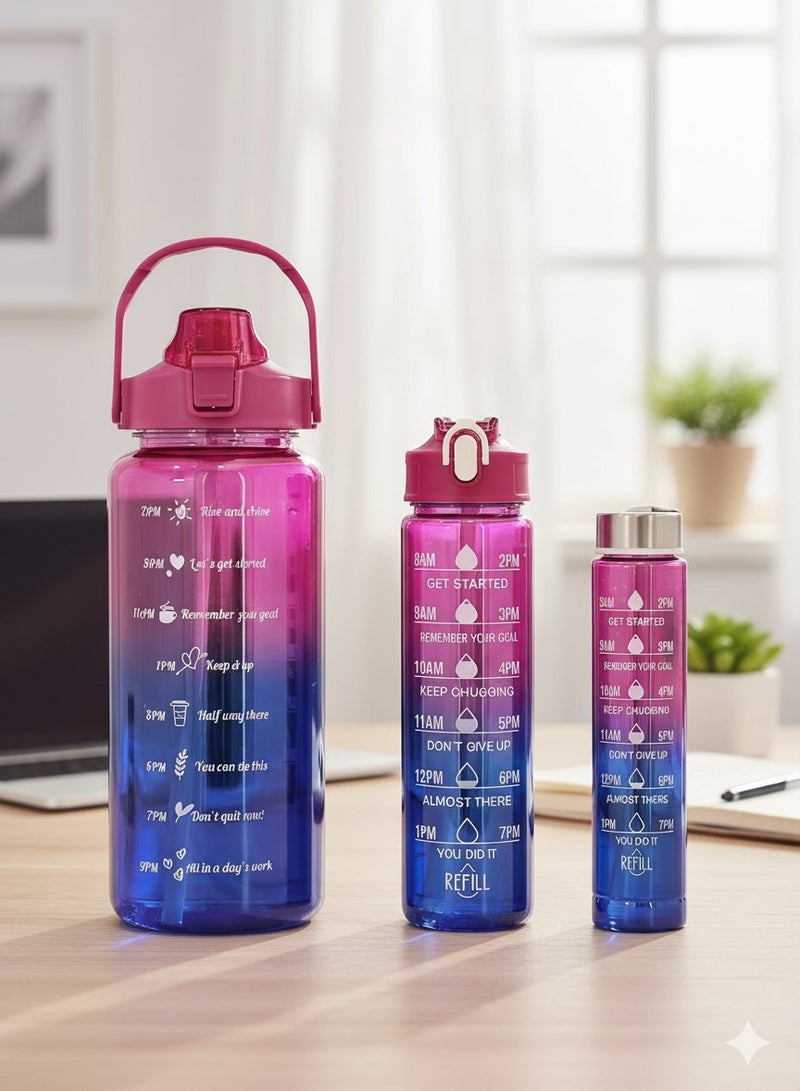 توشيونيكس مجموعة زجاجات مياه تحفيزية - زجاجات ترطيب بلاستيكية خالية من مادة BPA بسعة 2000 مل و750 مل و300 مل مع علامات زمنية وغطاء ماصة، مصنوعة من مادة مانعة للتسرب وغير سامة، بلونين متدرجين، ومقبض حمل، وغطاء قلاب، وعبارات تذكيرية بجرعة الماء اليومية، وزجاجة شرب قابلة لإعادة الاستخدام للصالة الرياضية والمكتب والسفر والمدرسة والرياضة والاستخدام الخارجي للبالغين والأطفال. - Image 1