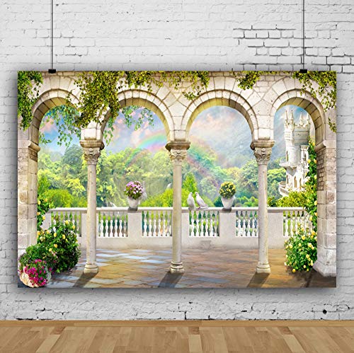 DORCEV 6x4ft Garden Arched Door Wedding Photography Backdrop Gorgeous Bridal Shower Engaged Theme Party Beautiful Building Rainbow Green Plants Backdrop Lover Adult Wedding Photo Shoot Prop Wallpaper - Image 2