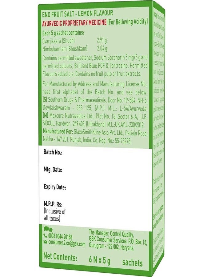 Eno Fruit Salt Sachets - Lemon Flavour, 6 Pieces Carton - Image 2