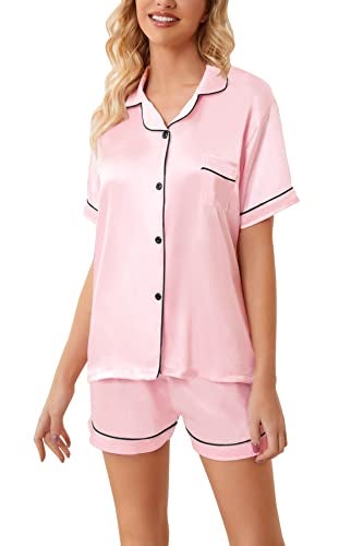 Schbbbta Satin Pajamas for Girls, 2 Pcs Sleepwear Short Sleeve Silk Satain Summer Pajama Set for Girls, Bright Pink, 13-14 Years = Tag 170 - Image 5