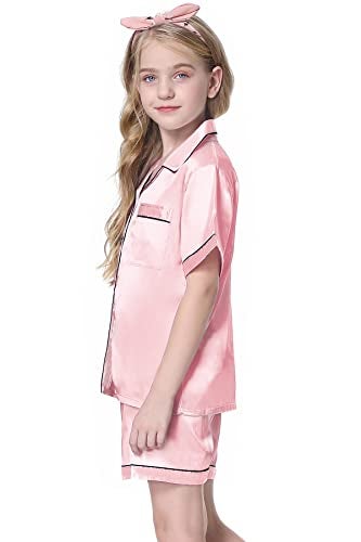 Schbbbta Satin Pajamas for Girls, 2 Pcs Sleepwear Short Sleeve Silk Satain Summer Pajama Set for Girls, Bright Pink, 13-14 Years = Tag 170 - Image 3
