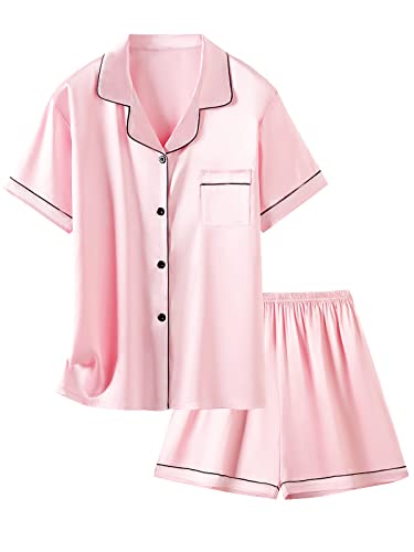 Schbbbta Satin Pajamas for Girls, 2 Pcs Sleepwear Short Sleeve Silk Satain Summer Pajama Set for Girls, Bright Pink, 13-14 Years = Tag 170 - Image 1