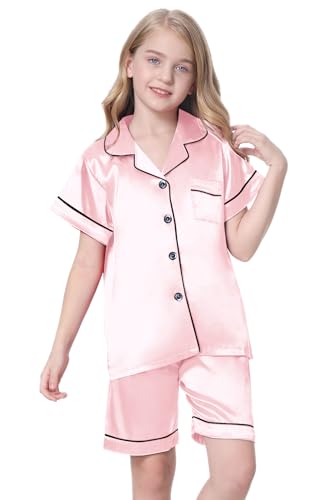 Schbbbta Satin Pajamas for Girls, 2 Pcs Sleepwear Short Sleeve Silk Satain Summer Pajama Set for Girls, Bright Pink, 13-14 Years = Tag 170 - Image 4