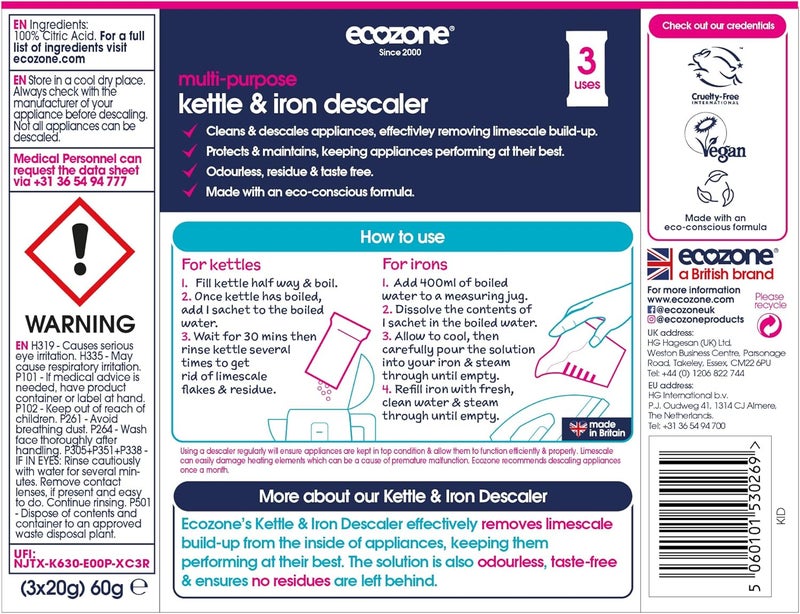 Ecozone Multi-Purpose Kettle & Iron Descaler - 3 Sachets (60g) - Image 3