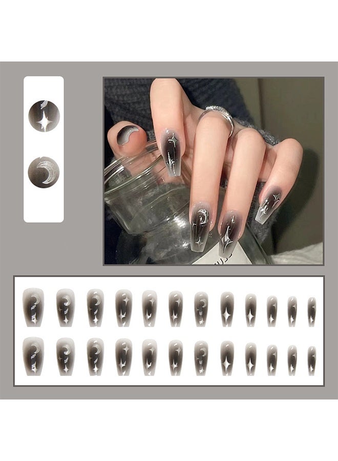 False Nails - Mid-Mid-length Ballet Manicure - Black Smudge Manicure - Silver Moon Star Manicure - One Minute Nail Tip  24 Pcs - Image 2