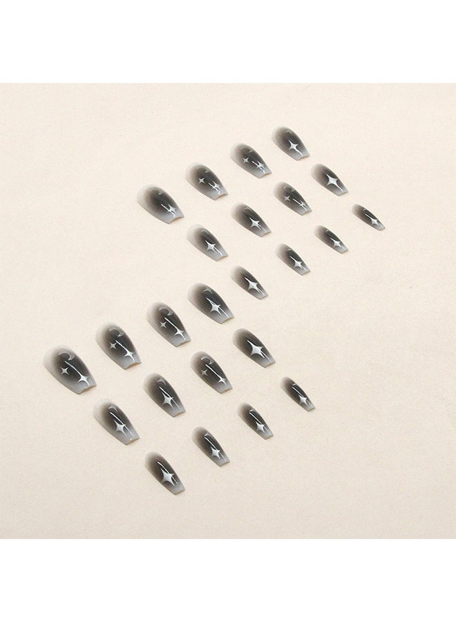 False Nails - Mid-Mid-length Ballet Manicure - Black Smudge Manicure - Silver Moon Star Manicure - One Minute Nail Tip  24 Pcs - Image 4
