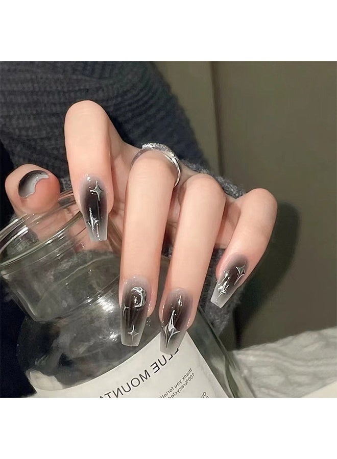 False Nails - Mid-Mid-length Ballet Manicure - Black Smudge Manicure - Silver Moon Star Manicure - One Minute Nail Tip  24 Pcs - Image 1