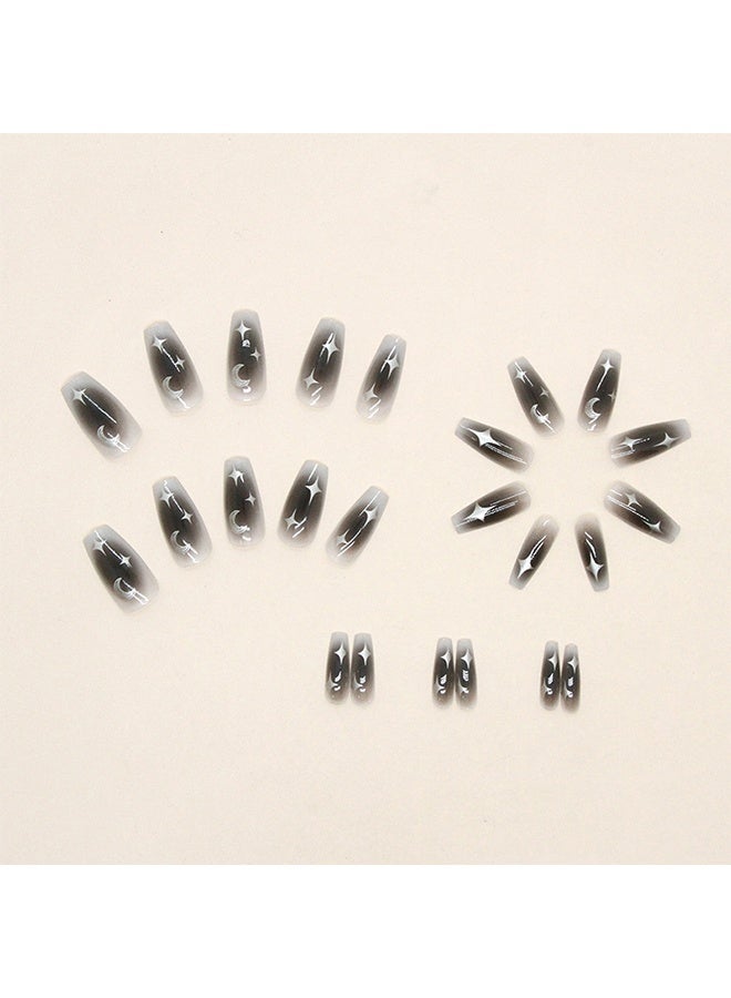 False Nails - Mid-Mid-length Ballet Manicure - Black Smudge Manicure - Silver Moon Star Manicure - One Minute Nail Tip  24 Pcs - Image 3