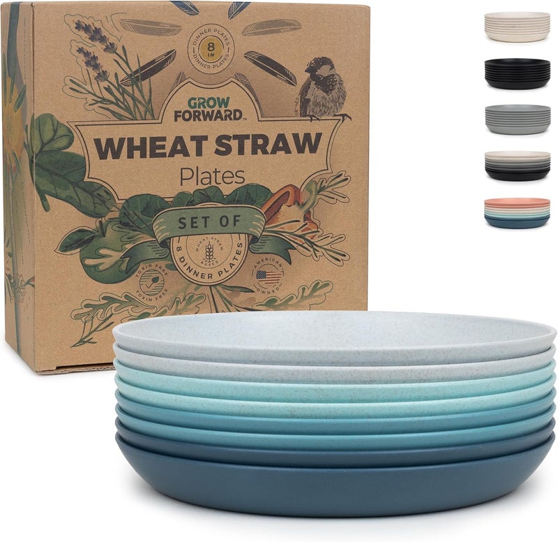 Grow Forward Premium Wheat Straw Dessert Plates  8 Inch Reusable Hard Plastic Plates Set of 8  Unbreakable Microwave Safe Plates for Dinner Camping RV Outdoors Patio Kitchen Dishes  Seascape - Image 1
