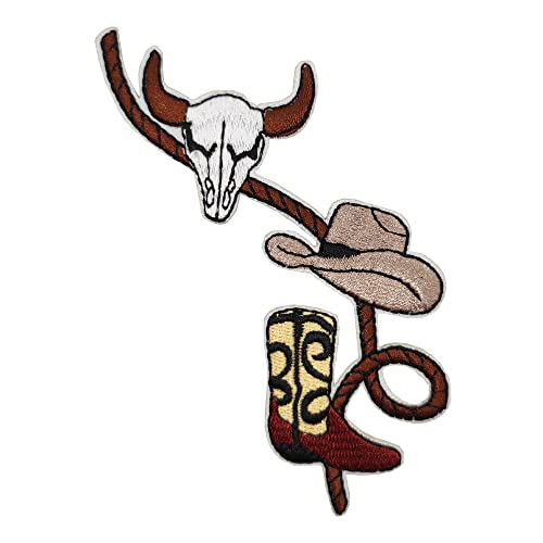 ReelFun Western Rope with Boot Cowboy Hat and Skull Embroidered Iron On Patch - Image 1