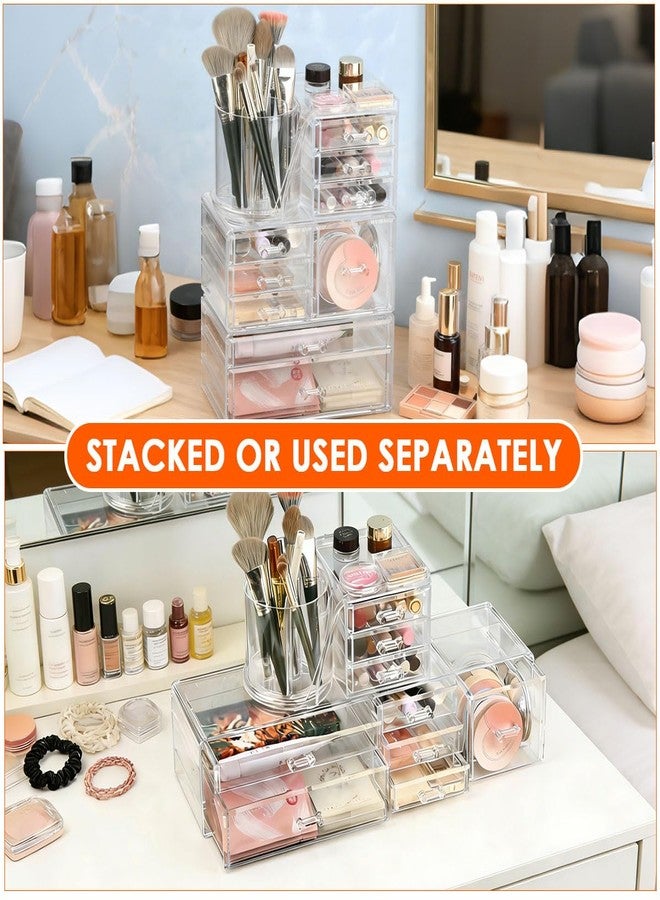 OTYMIOW 3 Tier Clear Acrylic Makeup Organizer Countertop with Brush Holder and 9 Drawers, Bathrooms, Stackable Large Makeup Organizer for Store Skincare, Brushes, Hair Accessories - Image 4