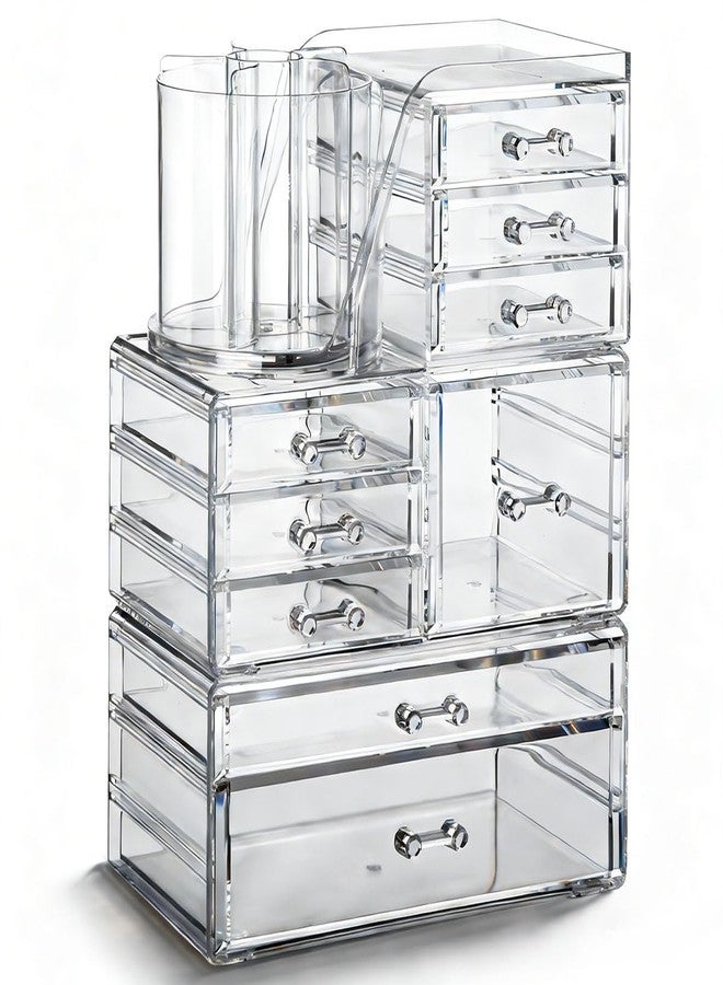 OTYMIOW 3 Tier Clear Acrylic Makeup Organizer Countertop with Brush Holder and 9 Drawers, Bathrooms, Stackable Large Makeup Organizer for Store Skincare, Brushes, Hair Accessories - Image 1