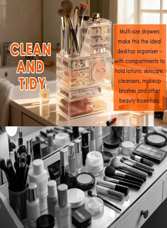 OTYMIOW 3 Tier Clear Acrylic Makeup Organizer Countertop with Brush Holder and 9 Drawers, Bathrooms, Stackable Large Makeup Organizer for Store Skincare, Brushes, Hair Accessories - Image 5