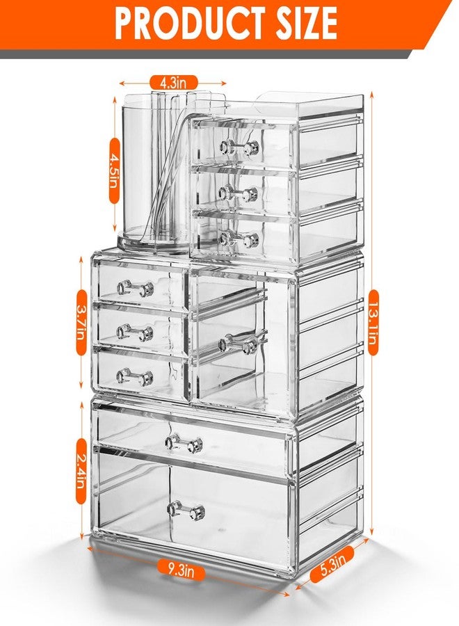 OTYMIOW 3 Tier Clear Acrylic Makeup Organizer Countertop with Brush Holder and 9 Drawers, Bathrooms, Stackable Large Makeup Organizer for Store Skincare, Brushes, Hair Accessories - Image 2