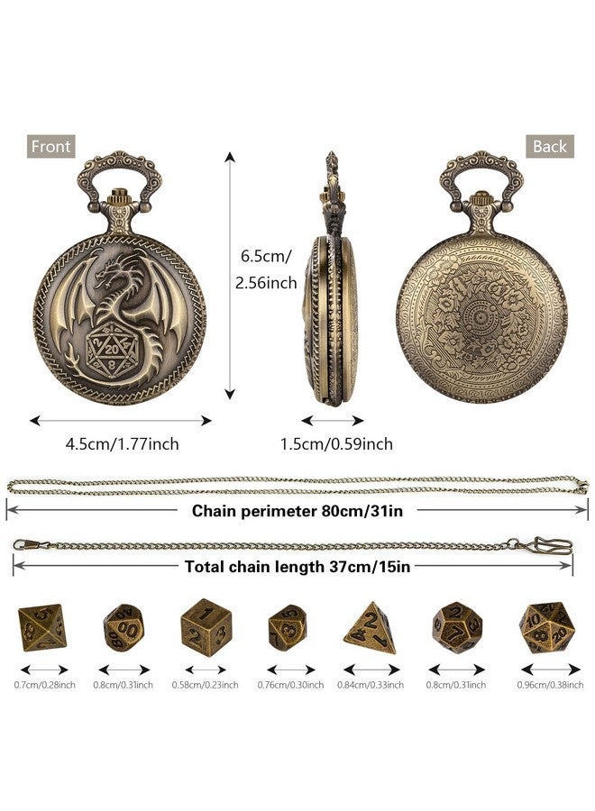 Keller & Weber Mini DND Dice Set Steampunk Dragon Pocket Watch Shell Case, 7pcs Polyhedral Metal D&D Dice Set, DND Gifts with Gift Box for Men Women, Role Playing Board Games Accessories, Bronze - Image 4
