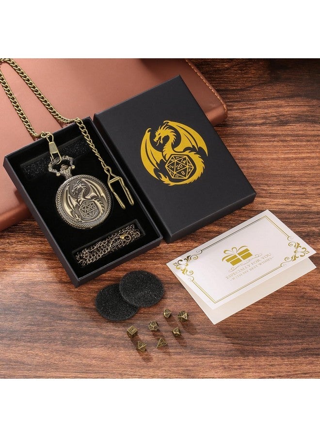Keller & Weber Mini DND Dice Set Steampunk Dragon Pocket Watch Shell Case, 7pcs Polyhedral Metal D&D Dice Set, DND Gifts with Gift Box for Men Women, Role Playing Board Games Accessories, Bronze - Image 2