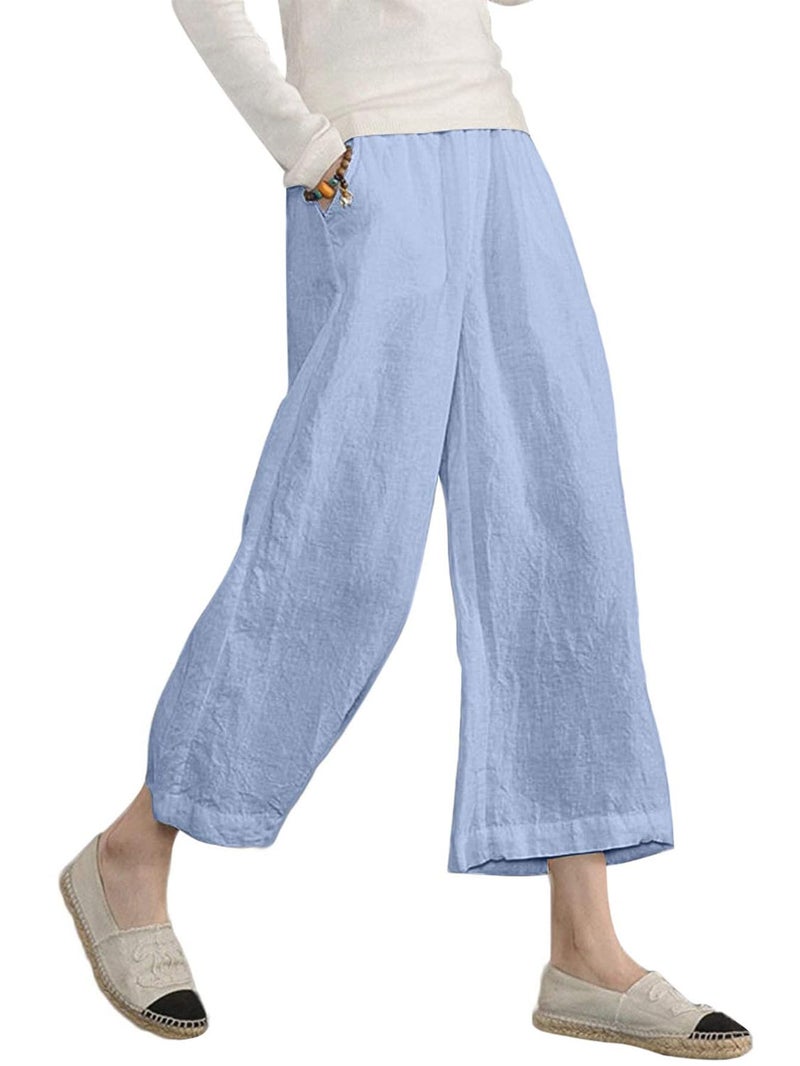 ECUPPER Womens Cotton Cropped Pants Loose Fit Wide Leg Capri Casual Plus Size Elastic Waist Trousers Light Blue 10 - Image 1