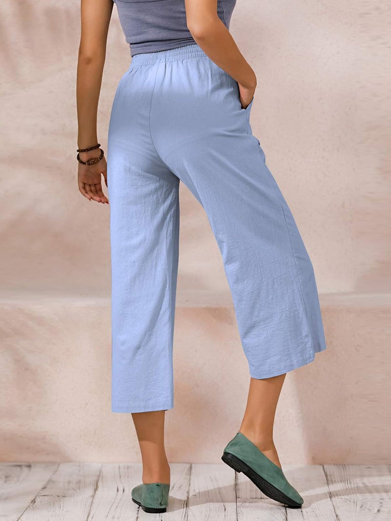 ECUPPER Womens Cotton Cropped Pants Loose Fit Wide Leg Capri Casual Plus Size Elastic Waist Trousers Light Blue 10 - Image 3