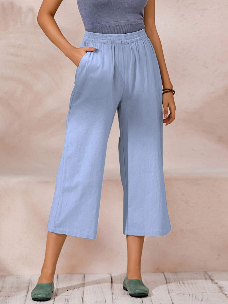 ECUPPER Womens Cotton Cropped Pants Loose Fit Wide Leg Capri Casual Plus Size Elastic Waist Trousers Light Blue 10 - Image 2