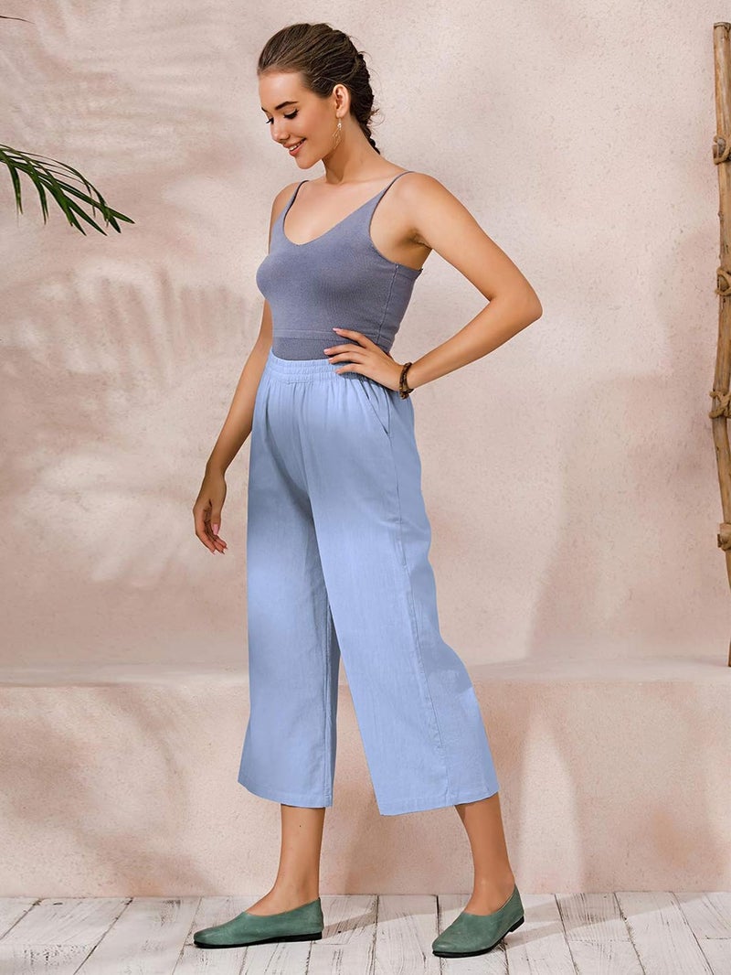 ECUPPER Womens Cotton Cropped Pants Loose Fit Wide Leg Capri Casual Plus Size Elastic Waist Trousers Light Blue 10 - Image 4