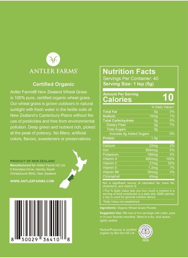 Antler Farms - 100% Pure, Organic, New Zealand Wheatgrass Powder, 40 Servings, 200g - Raw, Vegan, Gluten Free, Nutrient Rich, High Chlorophyll Wheat Grass, Detox, Essential Amino Acids, Minerals - Image 1