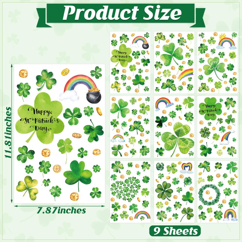 Traplace 9 Sheets St Patrick's Day Window Clings, 217 PCS Green St Patricks Day Shamrock Window Stickers with Coins Rainbow, Double Sided Static Window Clings for Glass Windows St Patricks Day Decorations - Image 2