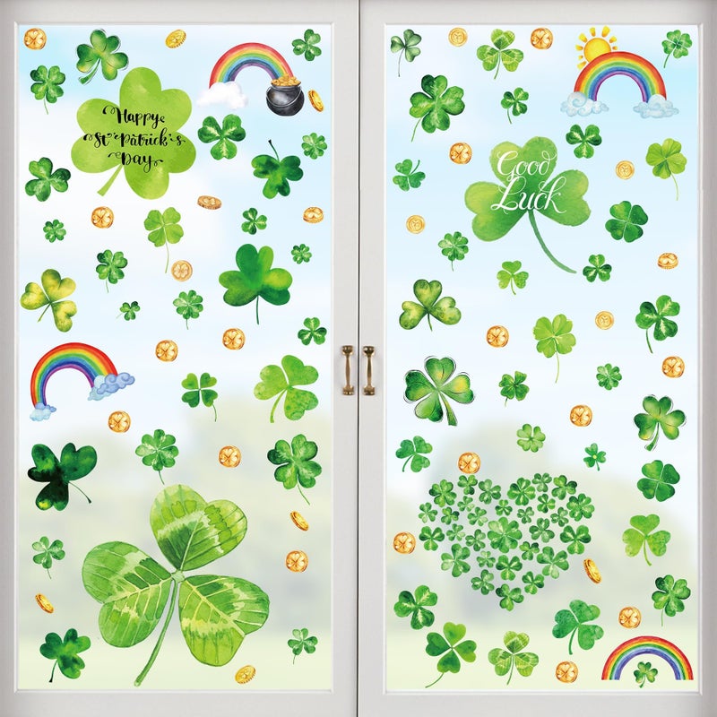 Traplace 9 Sheets St Patrick's Day Window Clings, 217 PCS Green St Patricks Day Shamrock Window Stickers with Coins Rainbow, Double Sided Static Window Clings for Glass Windows St Patricks Day Decorations - Image 1