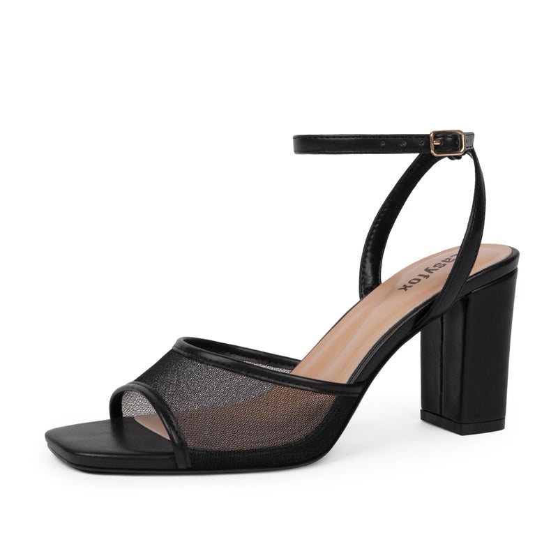 Easyfox Black Strappy Heels for Women Square Open Toe Black Mesh Heels Chunky Heel Womens Heeled Sandals 3 In Dress Block High Heel Shoes Size 9 - Image 1