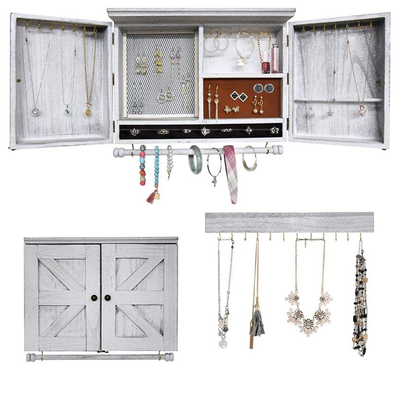 GLANT Rustic Wall Mounted Jewelry Organizer with Wooden Barndoor Decor,Wooden Wall Mount Holder,Jewelry holder for Necklaces, Earings, Bracelets, Ring Holder. (White)