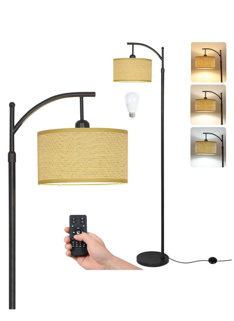 Modern Floor Lamp with Remote Control, Adjustable Drum Shade & Dimmable Light, Tall Standing Lamp with Woven Straw Shade for Living Room, Bedroom, Office Lighting
