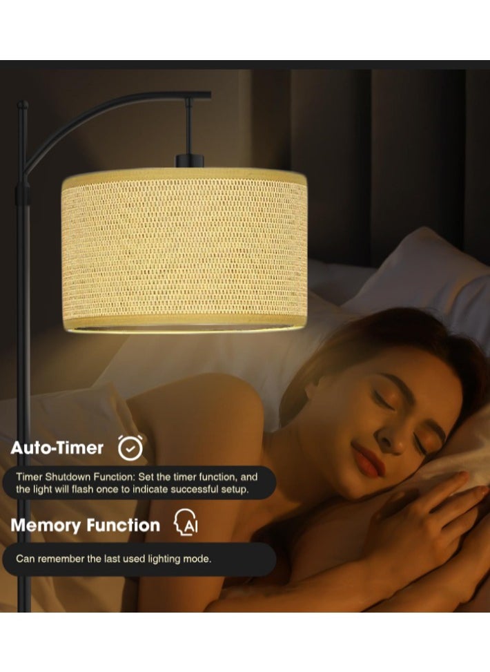 Modern Floor Lamp with Remote Control, Adjustable Drum Shade & Dimmable Light, Tall Standing Lamp with Woven Straw Shade for Living Room, Bedroom, Office Lighting