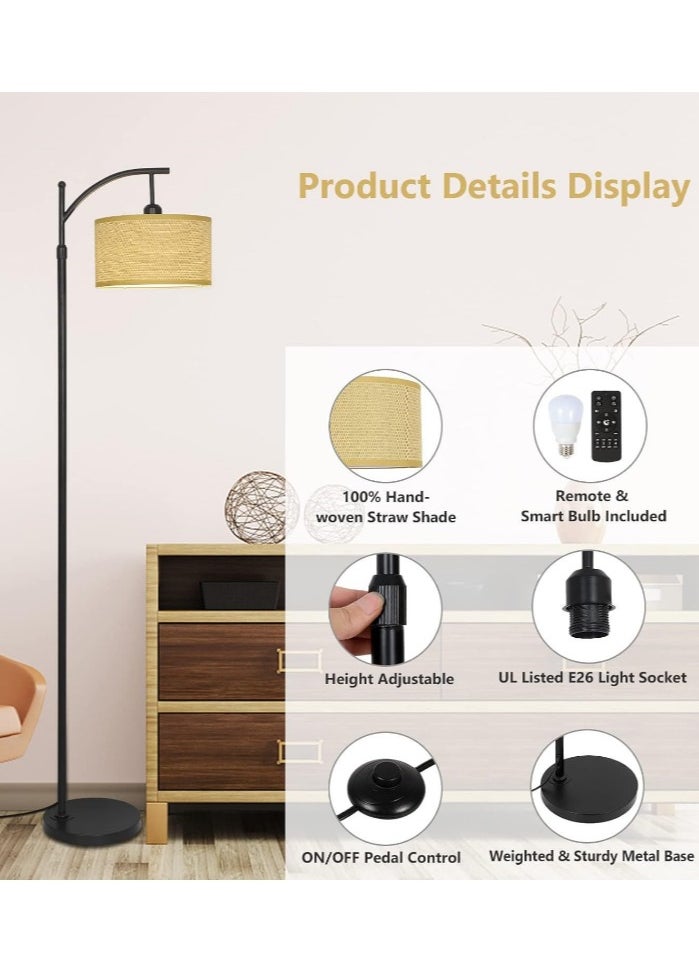 Modern Floor Lamp with Remote Control, Adjustable Drum Shade & Dimmable Light, Tall Standing Lamp with Woven Straw Shade for Living Room, Bedroom, Office Lighting