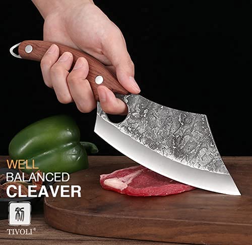 TIVOLI Meat Cleaver Knife, Hand Forged Full Tang Butcher knife for Meat Cutting, High Carbon Steel Viking Knife with Sheath for Kitchen Outdoor Camping BBQ Father's Day Christmas Gift Men Women - Image 4