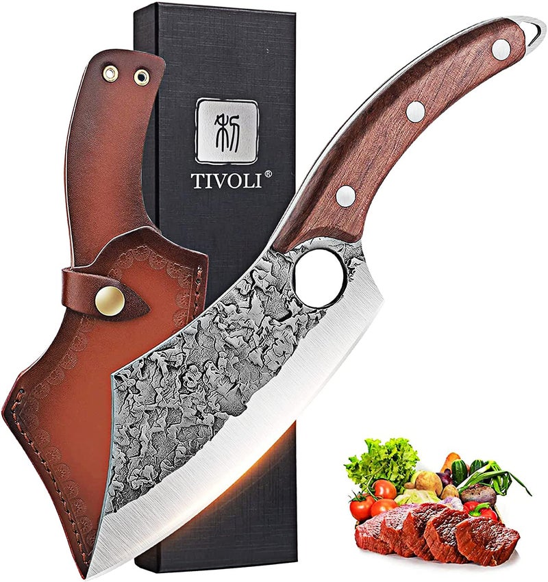 TIVOLI Meat Cleaver Knife, Hand Forged Full Tang Butcher knife for Meat Cutting, High Carbon Steel Viking Knife with Sheath for Kitchen Outdoor Camping BBQ Father's Day Christmas Gift Men Women - Image 1