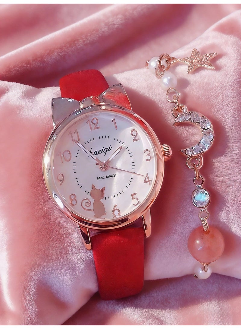 MAC Jabags Children's gift cartoon quartz watch, including cute cat pattern watch 1 piece wholesale pearl bracelet gifts, birthday gifts, holiday gifts. - Image 1