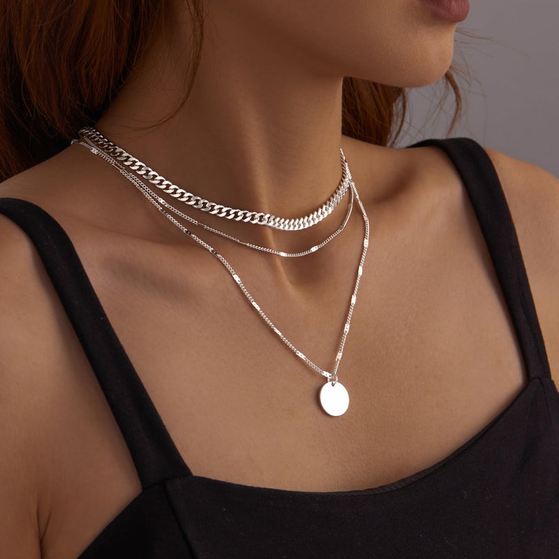 WomenGifts Layered Silver Necklaces for Women, Silver Plated Dainty Pendant Necklace Set with Statement Circle, Chunky Stackable Cuban Chain Choker, Trendy Waterproof Jewelry Gift - Image 4