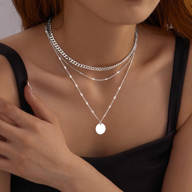 WomenGifts Layered Silver Necklaces for Women, Silver Plated Dainty Pendant Necklace Set with Statement Circle, Chunky Stackable Cuban Chain Choker, Trendy Waterproof Jewelry Gift - Image 3