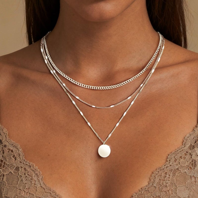 WomenGifts Layered Silver Necklaces for Women, Silver Plated Dainty Pendant Necklace Set with Statement Circle, Chunky Stackable Cuban Chain Choker, Trendy Waterproof Jewelry Gift - Image 2