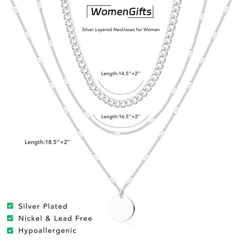 WomenGifts Layered Silver Necklaces for Women, Silver Plated Dainty Pendant Necklace Set with Statement Circle, Chunky Stackable Cuban Chain Choker, Trendy Waterproof Jewelry Gift - Image 5