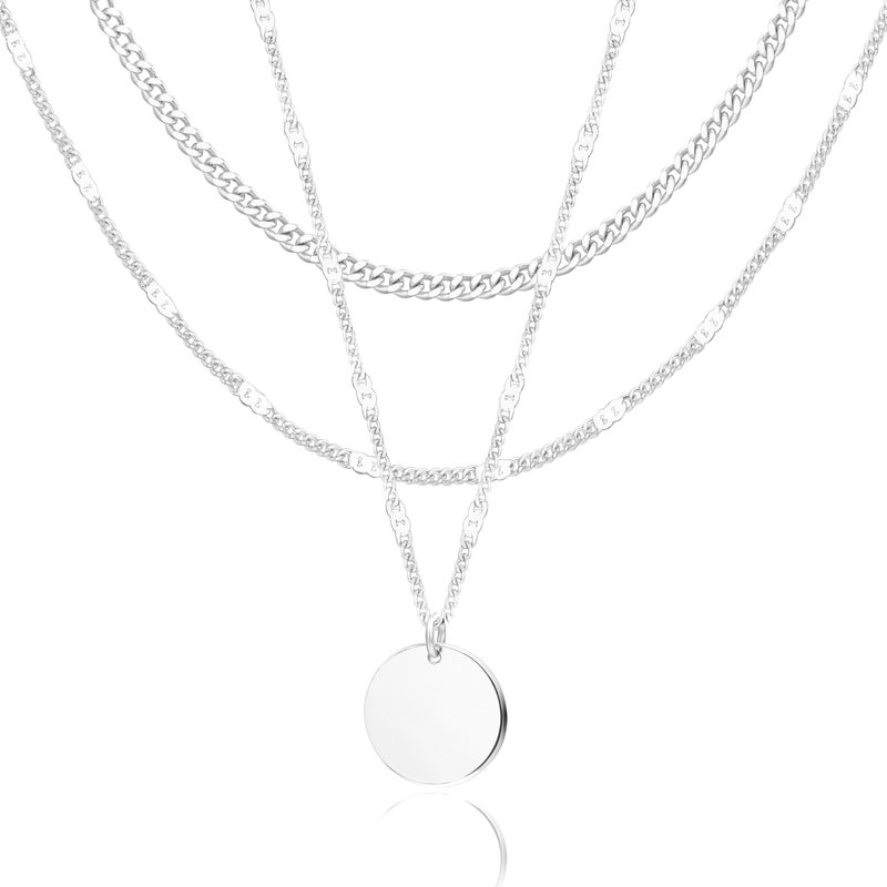 WomenGifts Layered Silver Necklaces for Women, Silver Plated Dainty Pendant Necklace Set with Statement Circle, Chunky Stackable Cuban Chain Choker, Trendy Waterproof Jewelry Gift - Image 1