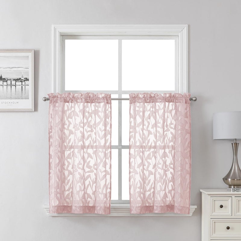 Lecloud Leia Jacquard Textured Blush Sheer Kitchen Curtains 36 Inch Length 2 Packs, Airy & Breathable Clip Leaf Living Room/Dining Room/Cafe/Bedroom Voile Pink Curtain & Drapes with Dual Rod Pockets, - Image 1