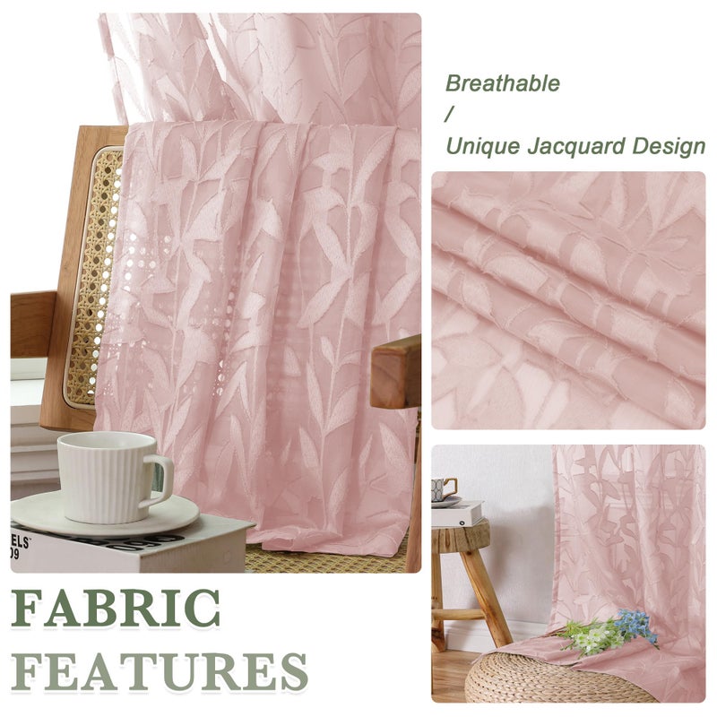 Lecloud Leia Jacquard Textured Blush Sheer Kitchen Curtains 36 Inch Length 2 Packs, Airy & Breathable Clip Leaf Living Room/Dining Room/Cafe/Bedroom Voile Pink Curtain & Drapes with Dual Rod Pockets, - Image 3