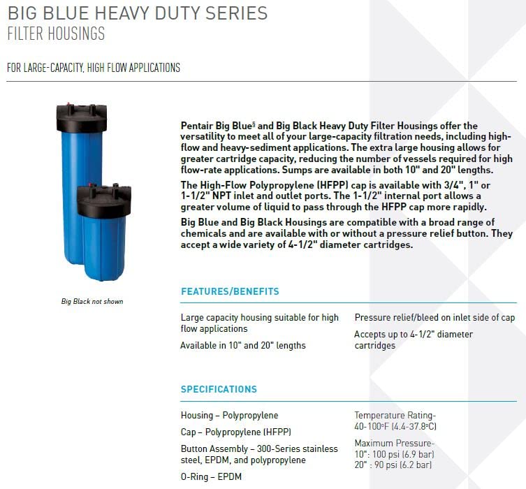 Pentek Pentair Pentek 150469 Big Blue Filter Housing, 3/4" NPT #10 Whole House Heavy Duty Water Filter Housing with High-Flow Polypropylene (HFPP) Cap and Pressure Relief Button, 10-Inch, Black/Blue - Image 4